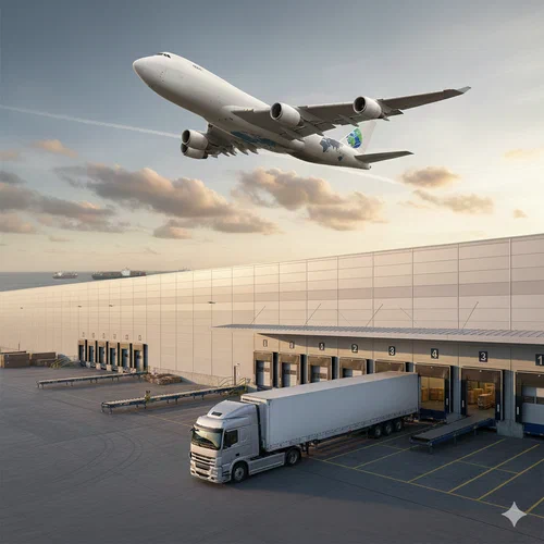 A photograph of a truck, airplane, and warehouse.