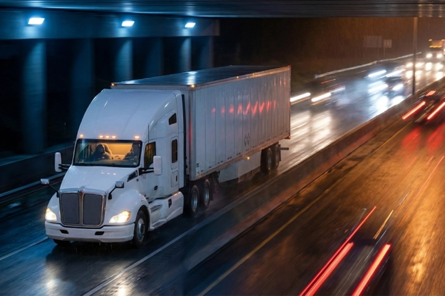 A black and white photo of a truck with the HighQ Logistics logo superimposed on it.