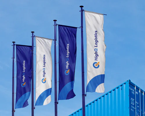 The HighQ Logistics logo on flags.