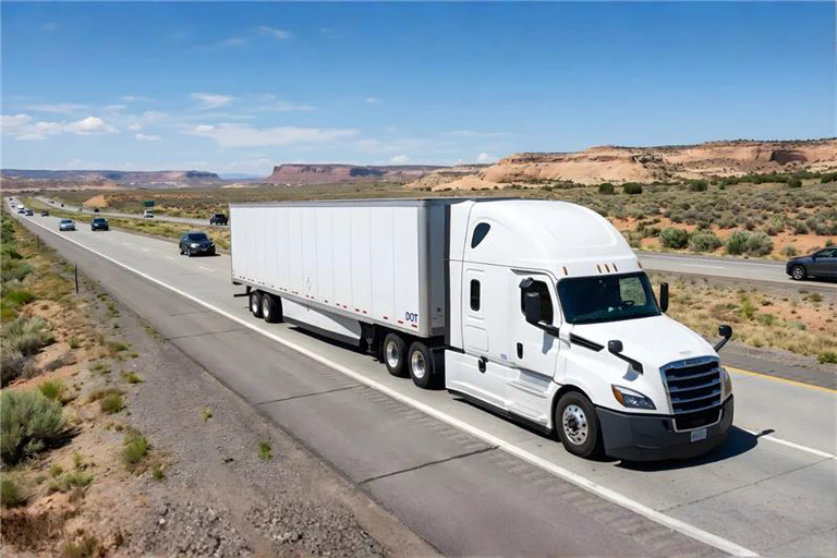 A photograph of a semi truck driving through the desert.