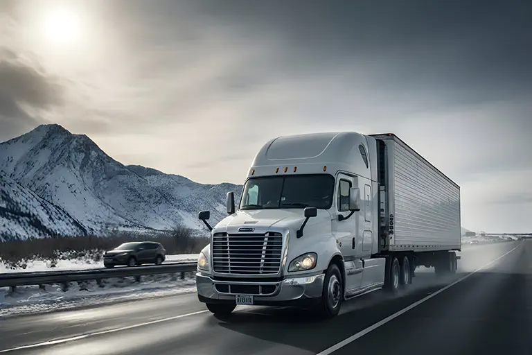 A photo of a semi truck driving down the highway.
