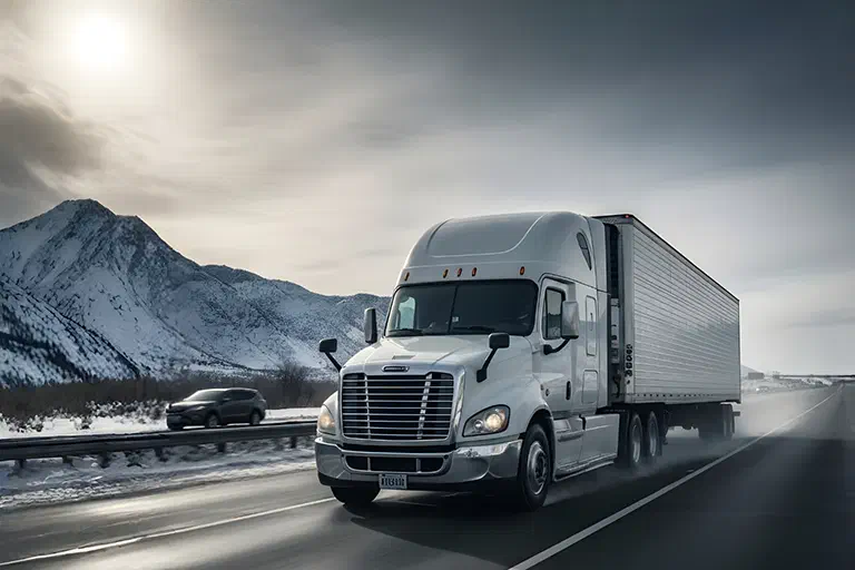 A photo of a semi truck driving down the highway. A photo of a semi truck driving down the highway.