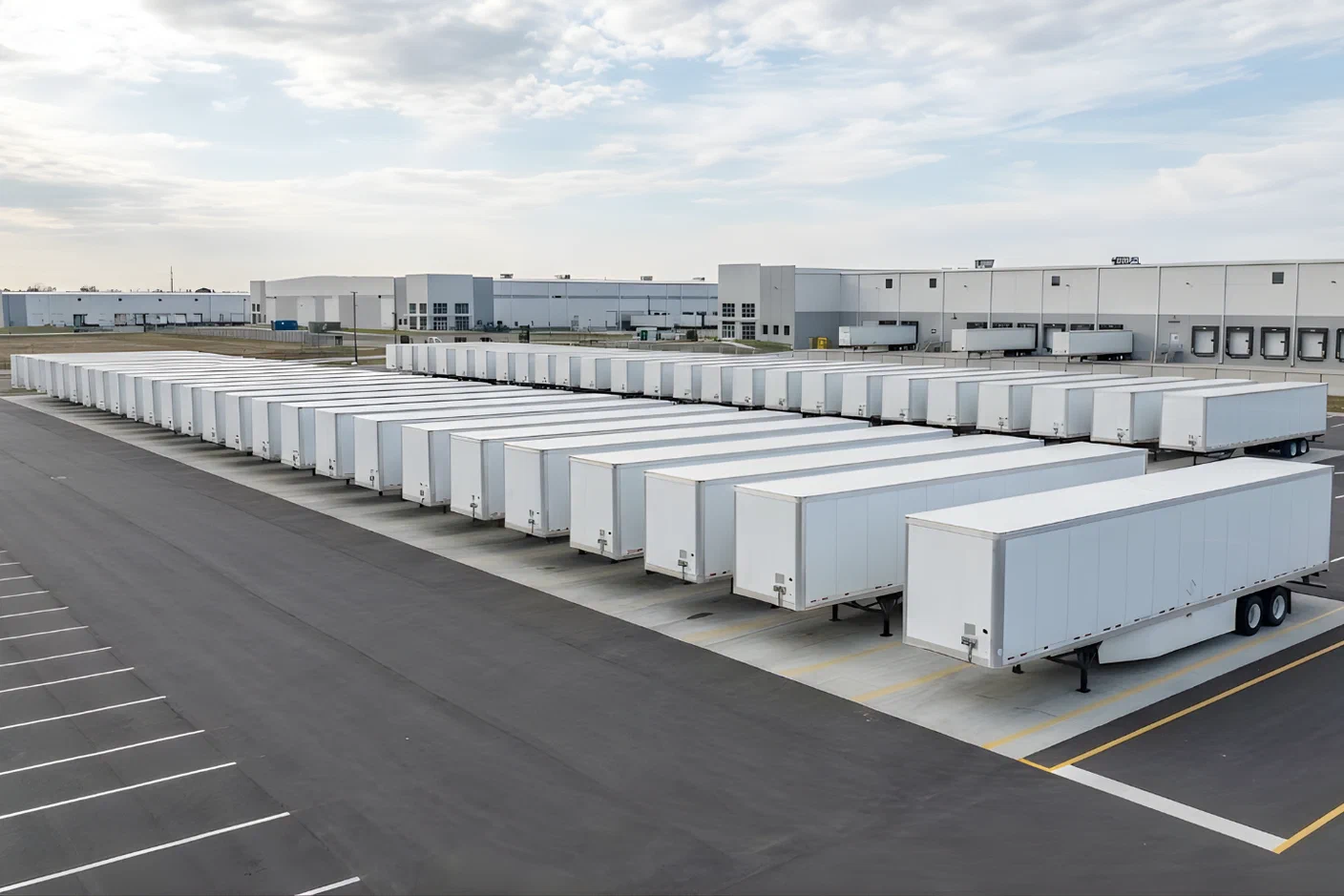 Aerial photograph of trucks at a distribution facility. Aerial photograph of trucks at a distribution facility.