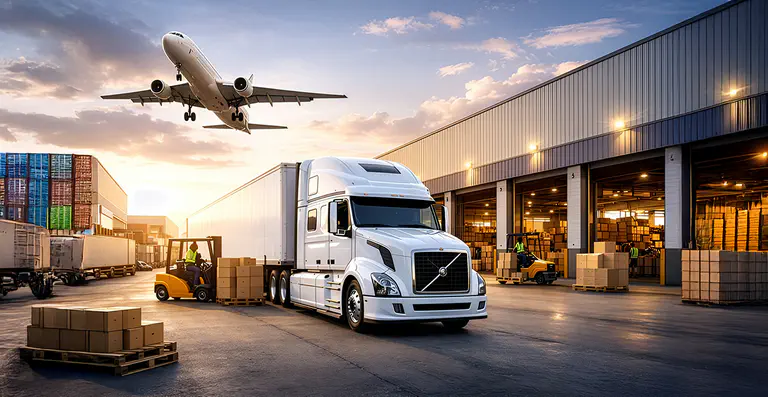 A photograph of a semi truck at a warehouse with an airplane flying overhead.