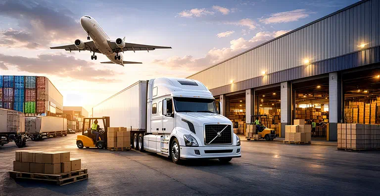 A photograph of a semi truck at a warehouse with an airplane flying overhead. A photograph of a semi truck at a warehouse with an airplane flying overhead.