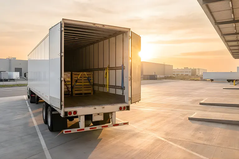 A photo the back of a dry van with pallets in it.