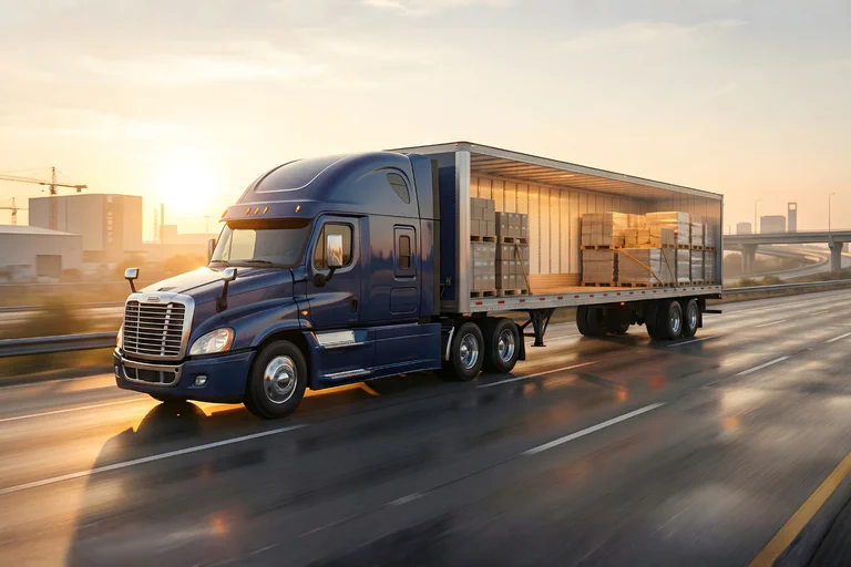A photograph of a semi truck driving through the desert.