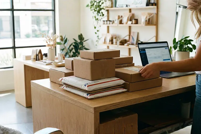 Photo of parcels on a counter preparing to be shipped.