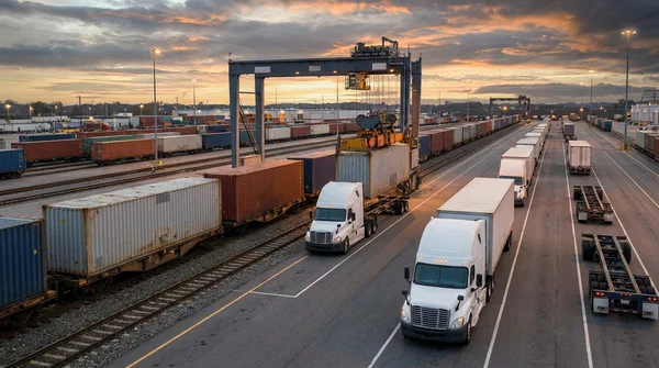 Intermodal lift yard transferring containers between trucks and rail during evening operations Intermodal lift yard transferring containers between trucks and rail during evening operations.