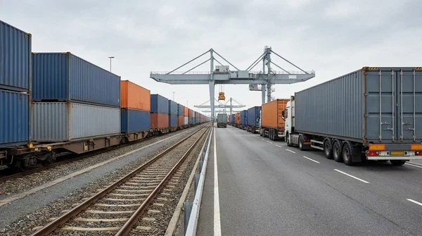 Intermodal containers moving through a port and rail corridor with trucks staged beside them Intermodal containers moving through a port and rail corridor with trucks staged beside them.