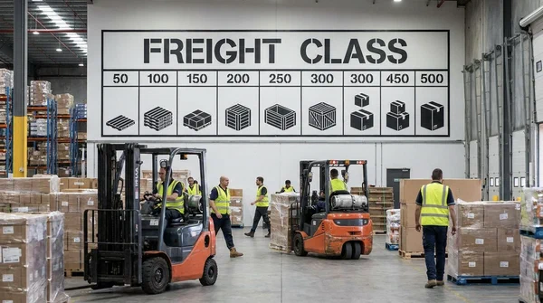 Warehouse operations with freight class billboard in background Warehouse operations with freight class billboard in background.