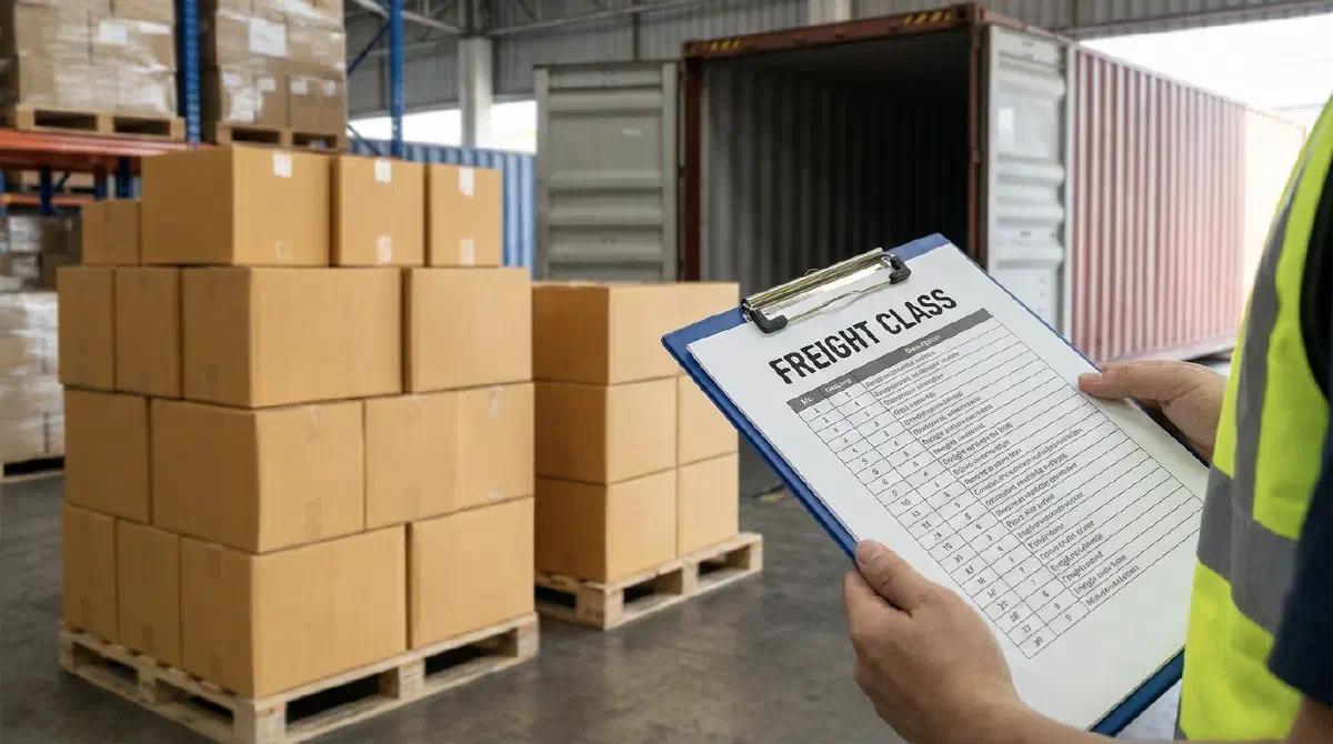 Freight class explained with palletized freight ready for LTL shipping.
