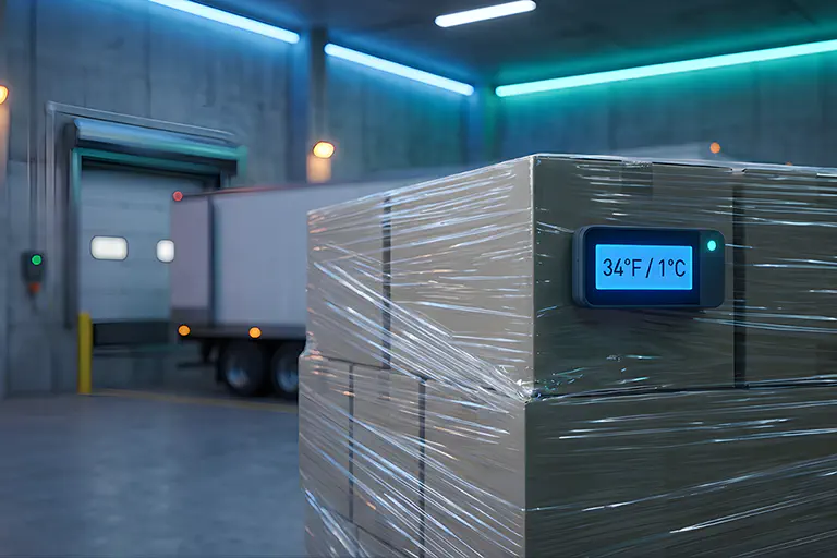 A photo of a pallet of boxes with a thermometer on it.