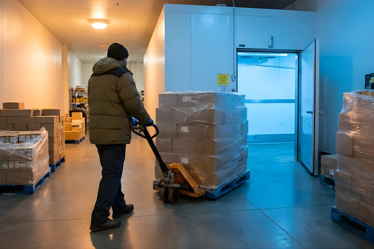 A photograph of a pallet being loaded on a reefer truck.