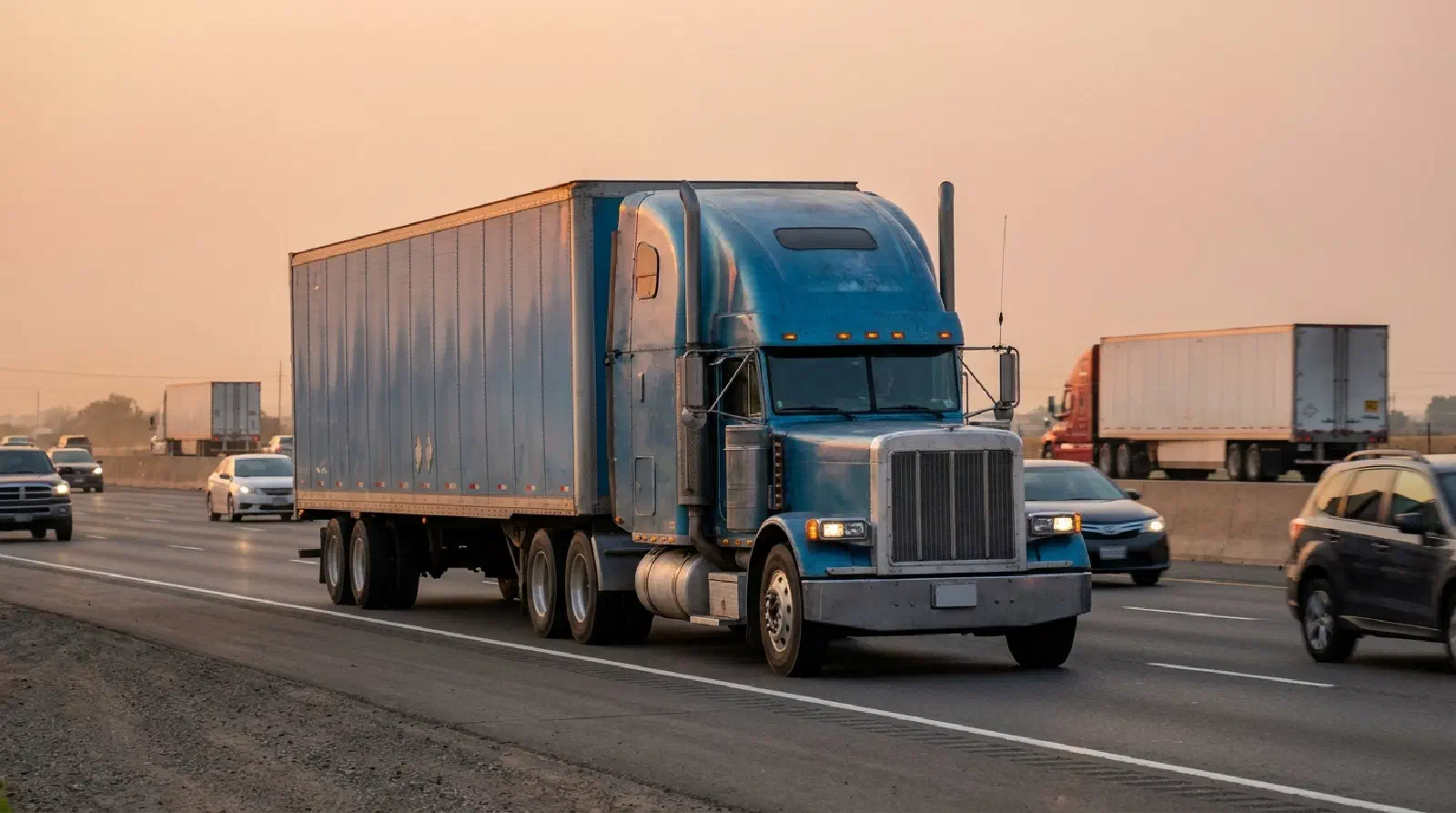 Blue truck driving down highway Blue truck driving down highway