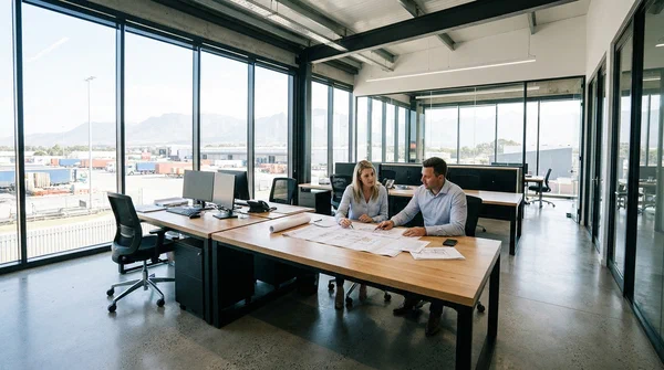 man and woman in an office with large windows
