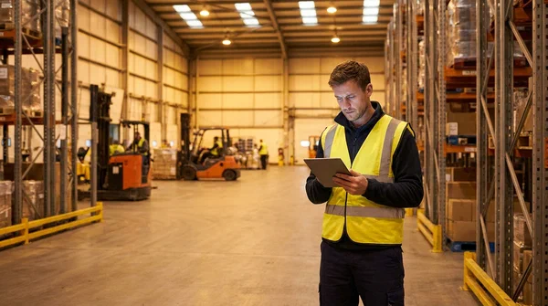 man in warehouse looking at clipboard