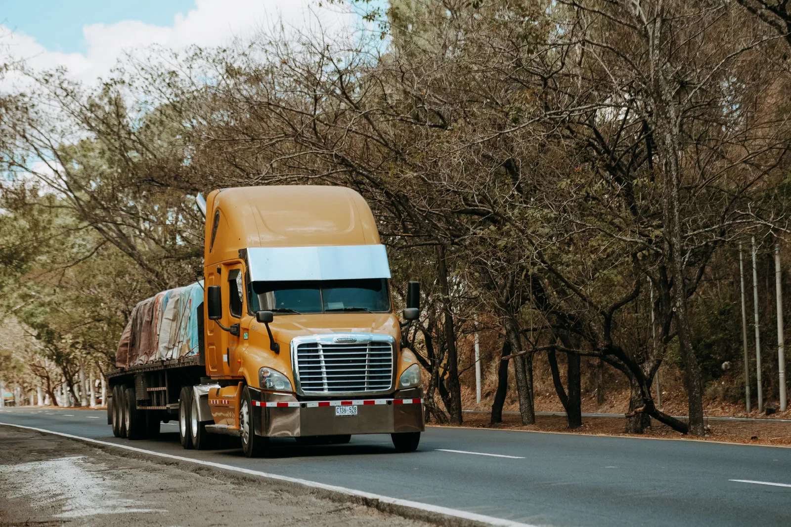 American long-nose 53-foot conventional cab semi-truck on a US highway in late autumn with golden leaves and a clear road ahead American long-nose 53-foot conventional cab semi-truck on a US highway in late autumn with golden leaves and a clear road ahead