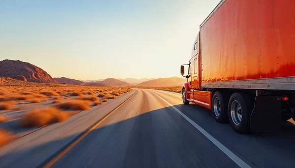 Orange truck driving on highway Orange truck driving on highway