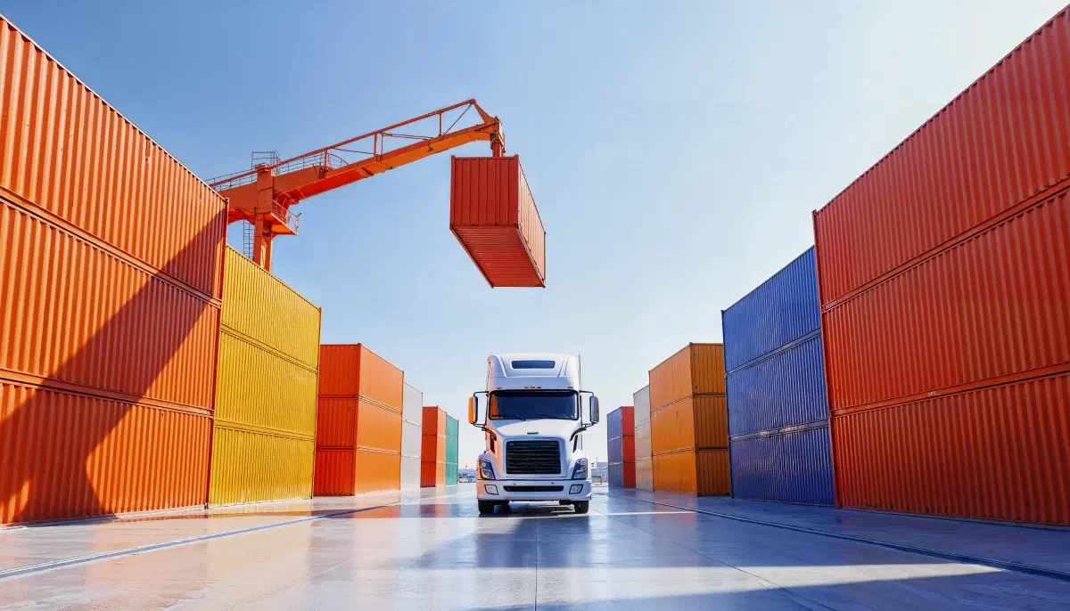 shipping containers being moved by crane truck