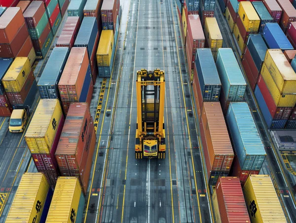 Aerial view of a congested container port with cargo ships waiting offshore
