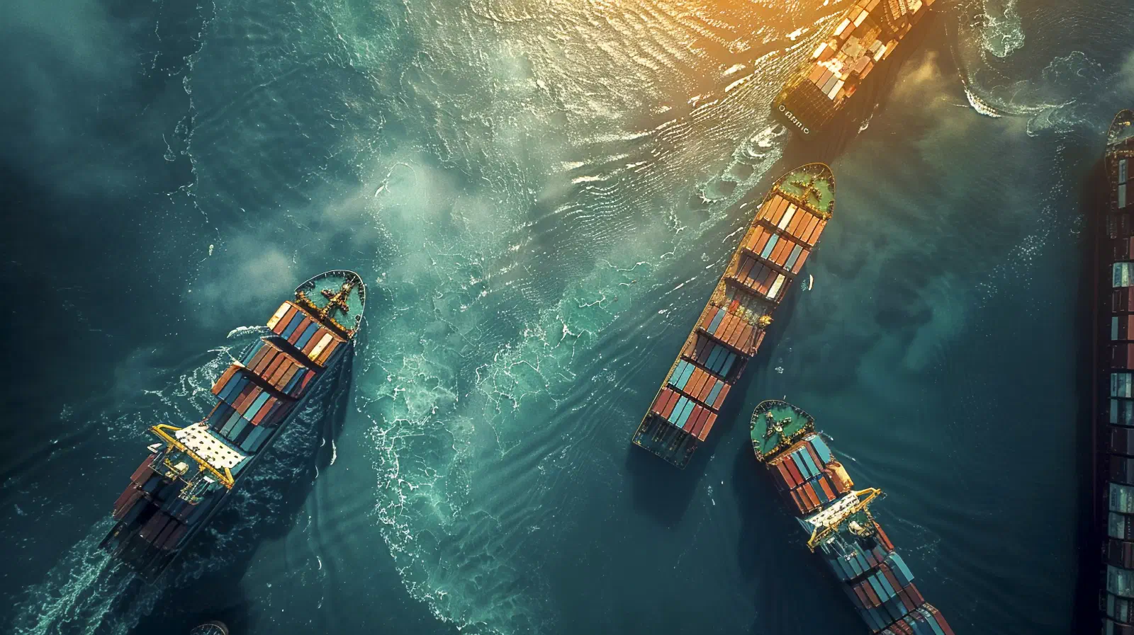 Aerial view of a congested container port with cargo ships waiting offshore
