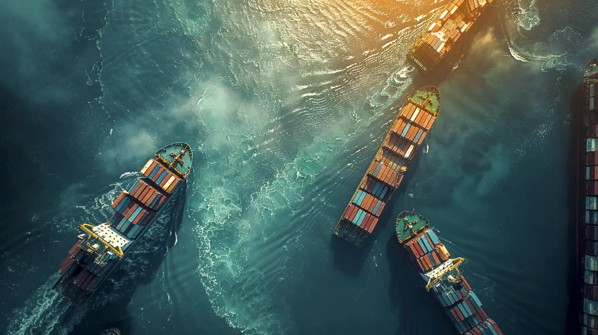 Aerial view of a congested container port with cargo ships waiting offshore