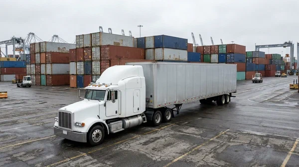 White semi truck at a loading dock White semi truck at loading dock